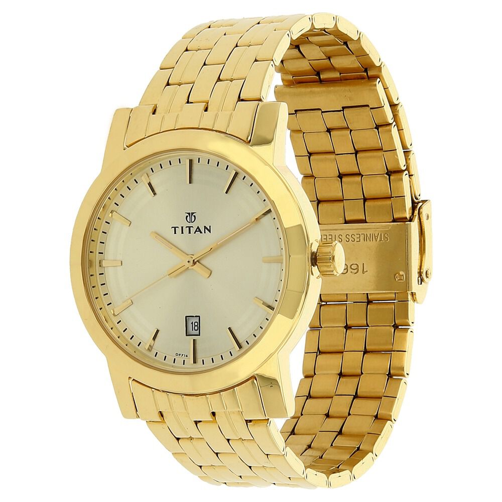 Titan Quartz Analog with Date Champagne Dial Stainless Steel Strap Watch for Men-1703YM02