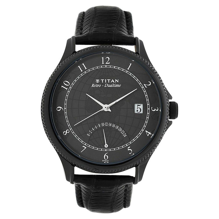 Titan Globe Trotter Black Dial Dual Time Leather Strap watch for Men-NK1704NL01