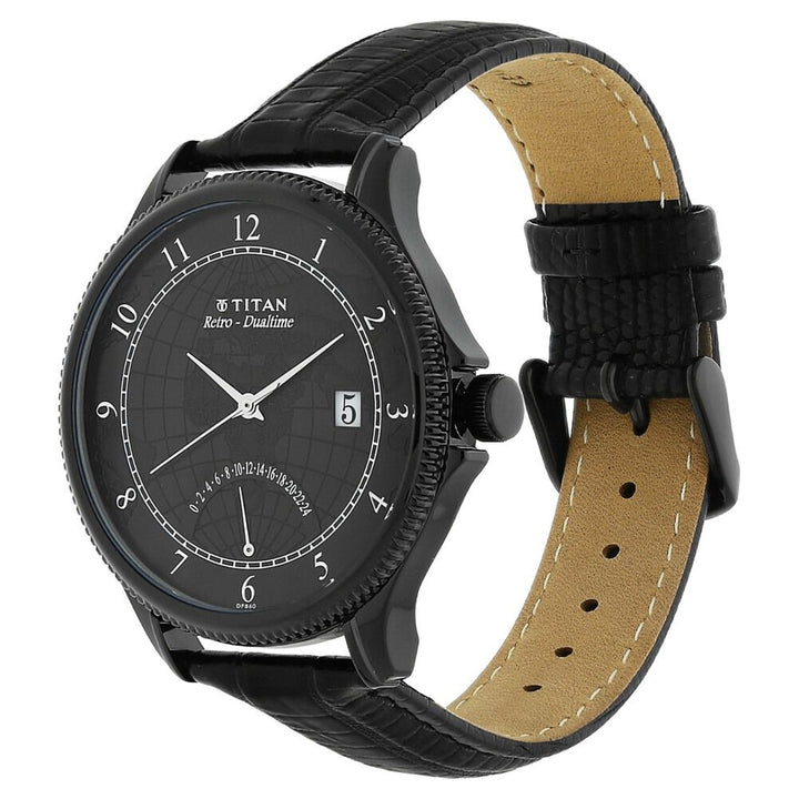 Titan Globe Trotter Black Dial Dual Time Leather Strap watch for Men-NK1704NL01
