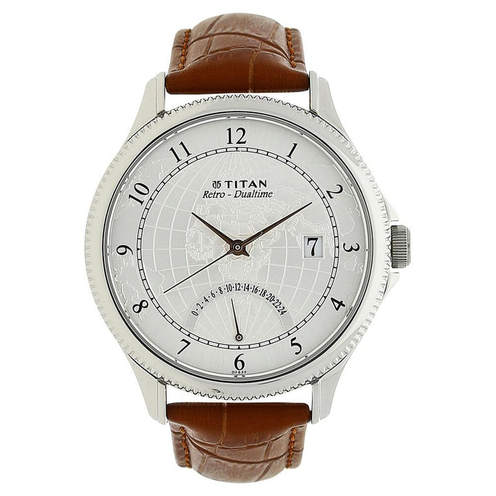Titan Globe Trotter Silver Dual Time Leather Strap Watch for Men-NK1704SL01