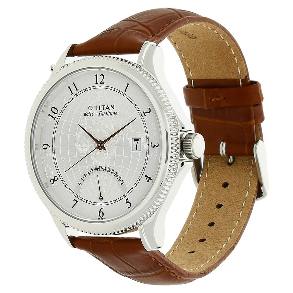 Titan Globe Trotter Silver Dual Time Leather Strap Watch for Men-NK1704SL01