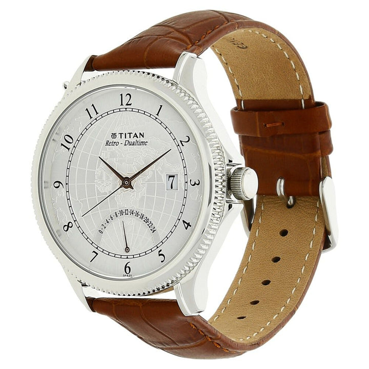 Titan Globe Trotter Silver Dual Time Leather Strap Watch for Men-NK1704SL01