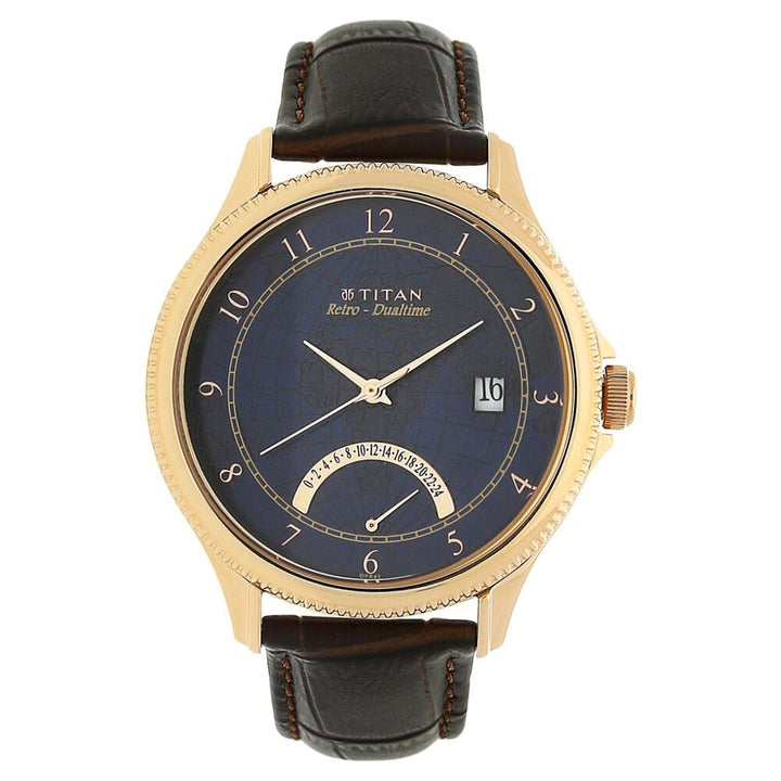 Titan Globe Trotter Blue Dial Dual Time Leather Strap watch for Men-NK1704WL01