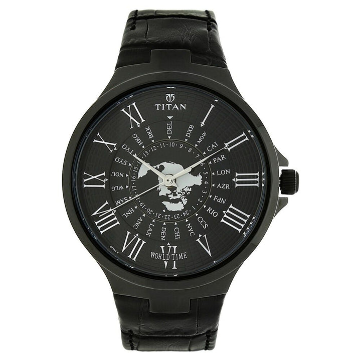 Titan Globe Trotter Black Dial World Time Leather Strap watch for Men-NK1706NL01