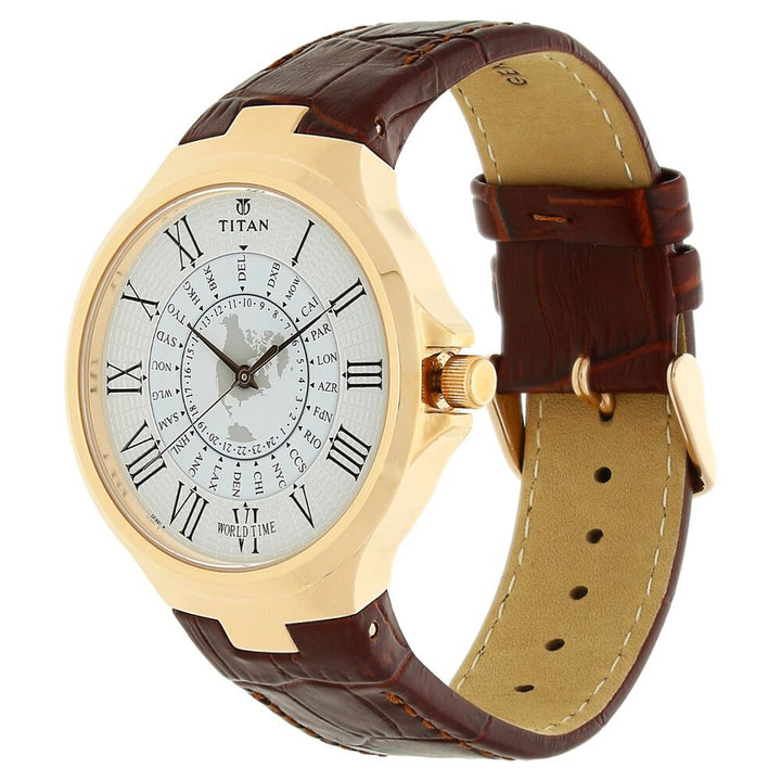 Titan Globe Trotter Silver Dial World Time Leather Strap watch for Men-NK1706WL01