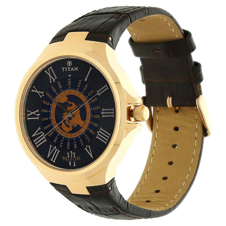 Titan Globe TrotterBlue Dial World Time Leather Strap Watch for Men-NK1706WL02