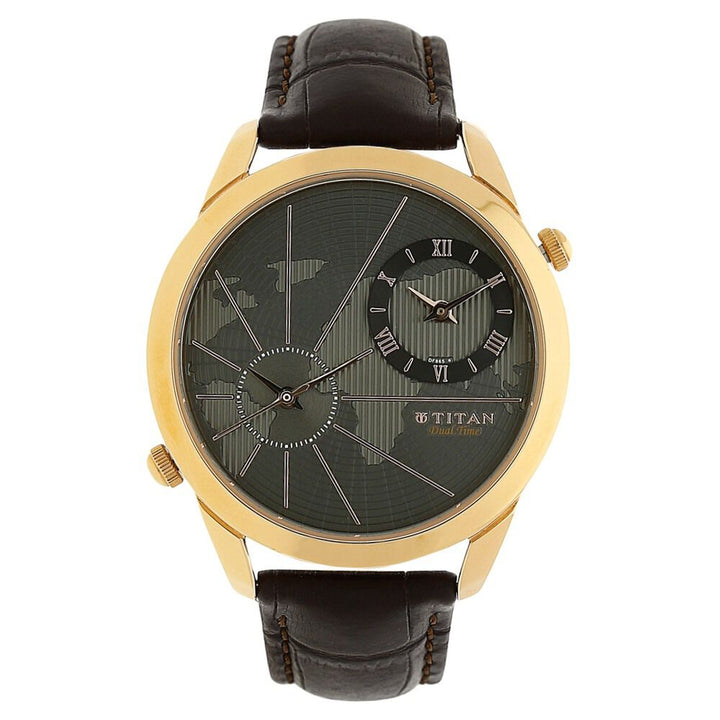 Titan Globe Trotter Anthracite Dial Dual Time Leather Strap watch for Men-NL1707WL01