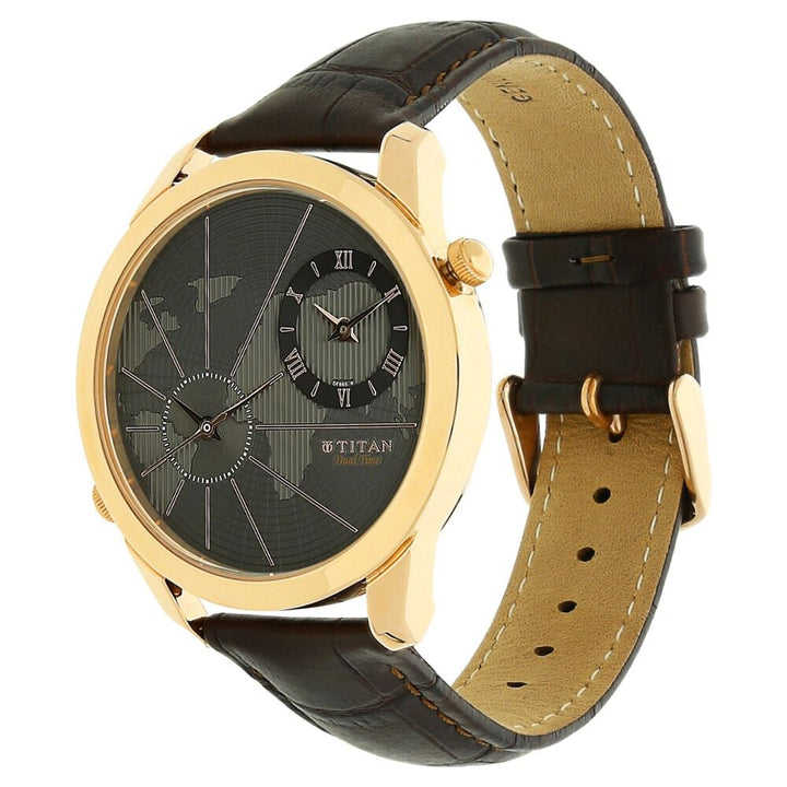 Titan Globe Trotter Anthracite Dial Dual Time Leather Strap watch for Men-NL1707WL01