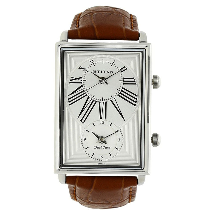 Titan Globe Trotter Silver Dial Dual Time Leather Strap watch for Men-NK1708SL01