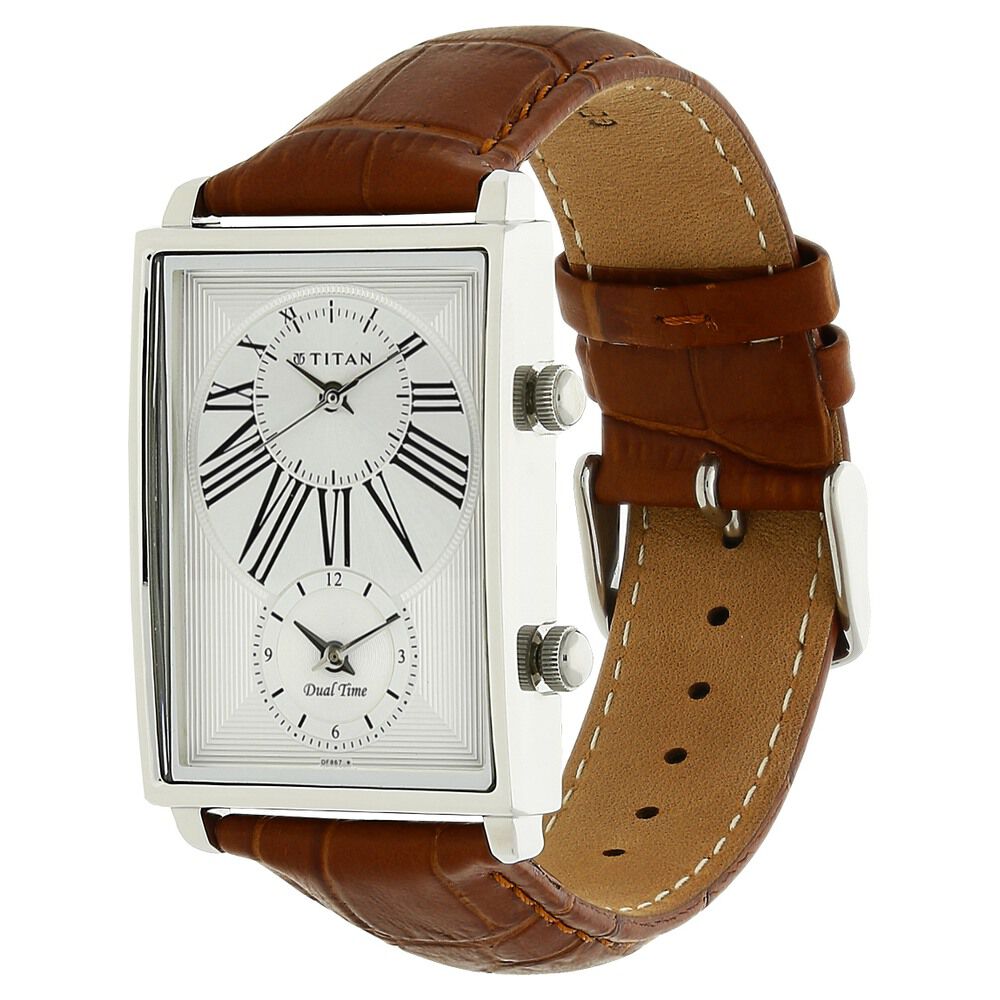 Titan Globe Trotter Silver Dial Dual Time Leather Strap watch for Men-NK1708SL01