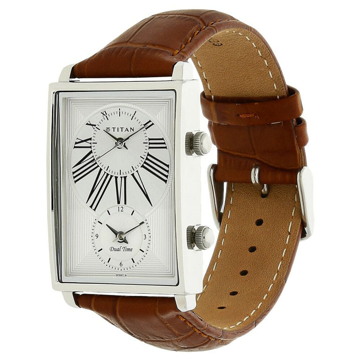 Titan Globe Trotter Silver Dial Dual Time Leather Strap watch for Men-NK1708SL01