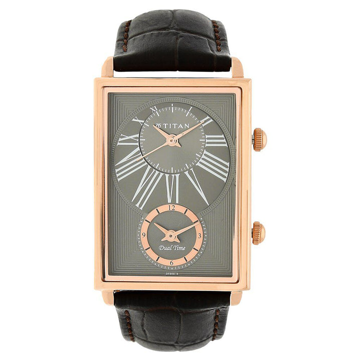 Titan Globe Trotter Anthracite Dual Time Leather Strap watch for Men-NK1708WL01