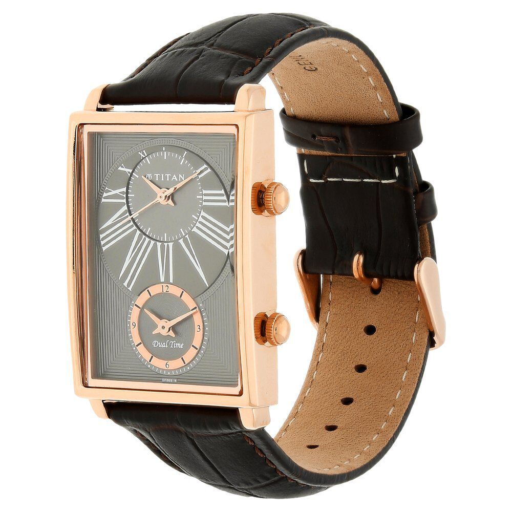 Titan Globe Trotter Anthracite Dual Time Leather Strap watch for Men-NK1708WL01