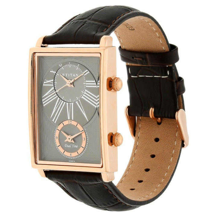 Titan Globe Trotter Anthracite Dual Time Leather Strap watch for Men-NK1708WL01