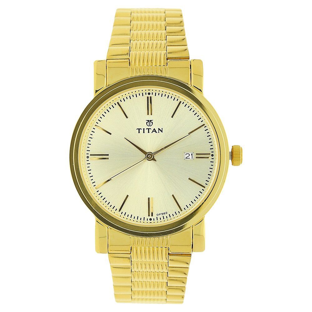 Titan Quartz Analog with Date Champagne Dial Golden Stainless Steel Strap Watch For Men - The Watch Factory ®
