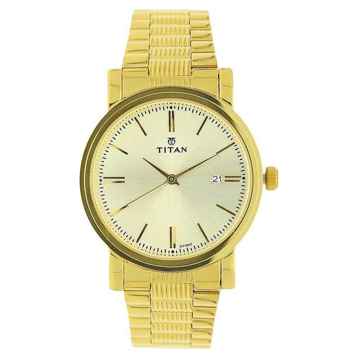 Titan Quartz Analog with Date Champagne Dial Golden Stainless Steel Strap Watch For Men - The Watch Factory ®