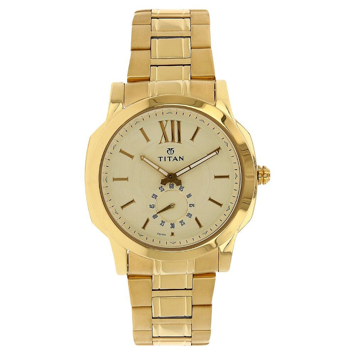Titan Regalia Rome Champagne Dial Quartz Multifunction Stainless Steel Strap watch for Men-NN1721YM01