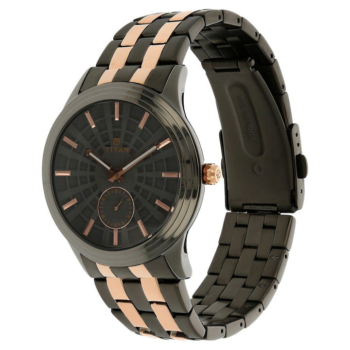 Titan Quartz Multifunction Black Dial Stainless Steel Strap Watch for Men-NK1722KM02