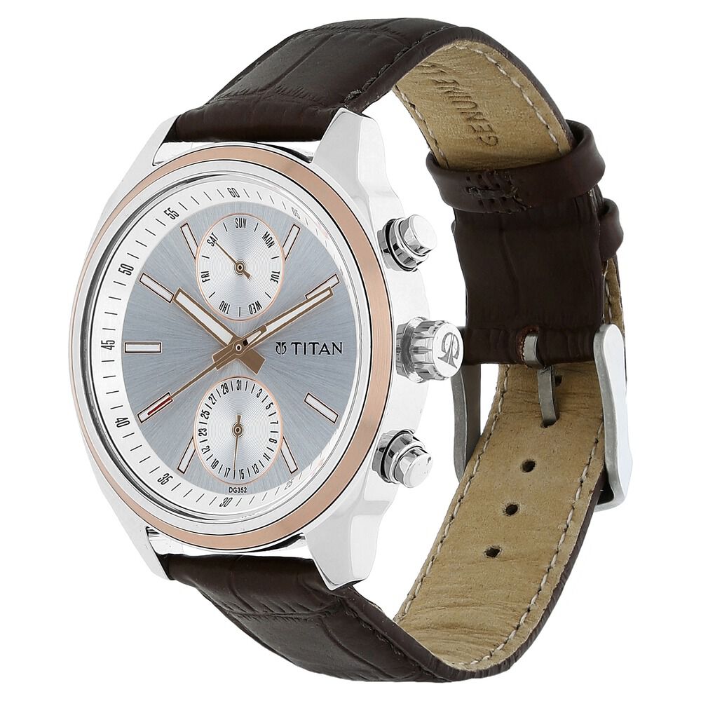 Titan Quartz Multifunction Silver Dial Leather Strap Watch for Men NS1733KL02