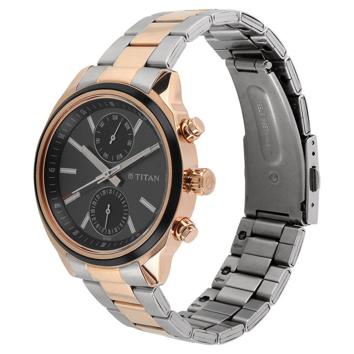 Titan Men's Metropolitan Luxe: Multifunction Black Dial with Two - Tone Stainless Steel Bracelet Watch - The Watch Factory ®