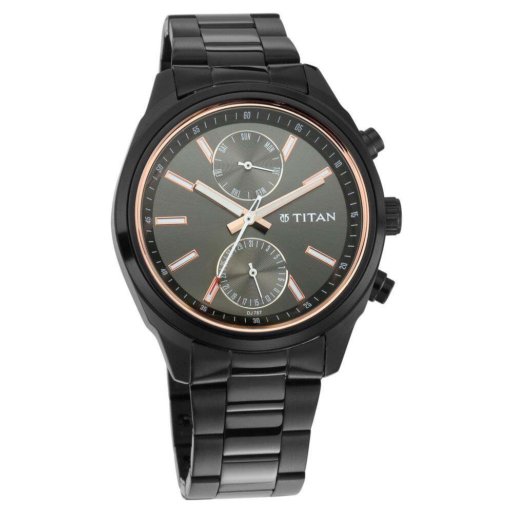 Titan Men's Metropolitan Luxe: Multifunction Mono black Dial with Two - Tone Stainless Steel Bracelet Watch - The Watch Factory ®