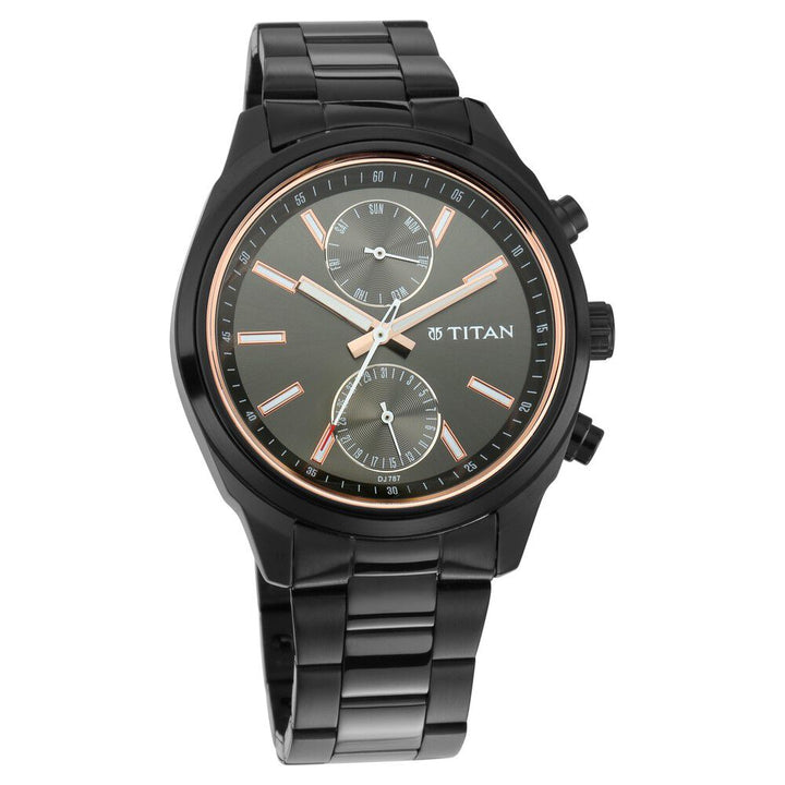 Titan Men's Metropolitan Luxe: Multifunction Mono black Dial with Two - Tone Stainless Steel Bracelet Watch - The Watch Factory ®