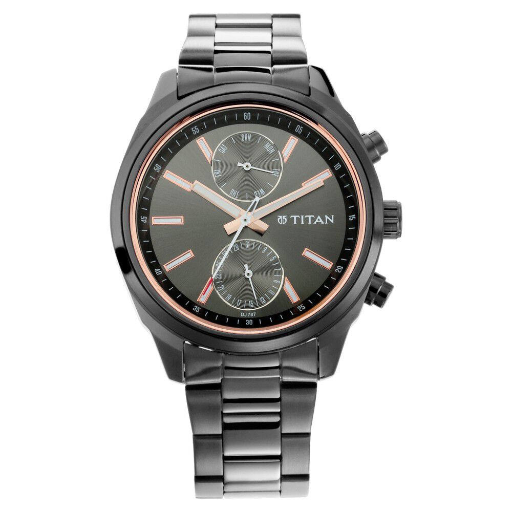 Titan Men's Metropolitan Luxe: Multifunction Mono black Dial with Two-Tone Stainless Steel Bracelet Watch NS1733NM01