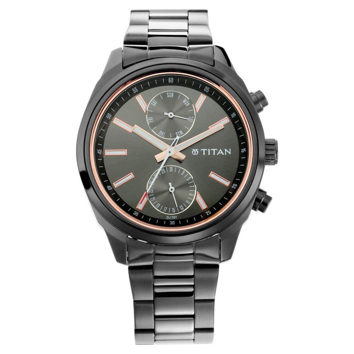 Titan Men's Metropolitan Luxe: Multifunction Mono black Dial with Two - Tone Stainless Steel Bracelet Watch - The Watch Factory ®