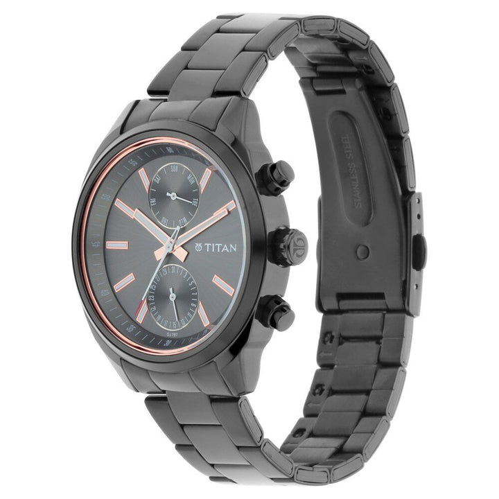 Titan Men's Metropolitan Luxe: Multifunction Mono black Dial with Two - Tone Stainless Steel Bracelet Watch - The Watch Factory ®