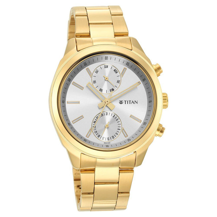 Titan Black and Gold Silver Dial Quartz Multifunction Stainless Steel Strap watch for Men - The Watch Factory ®