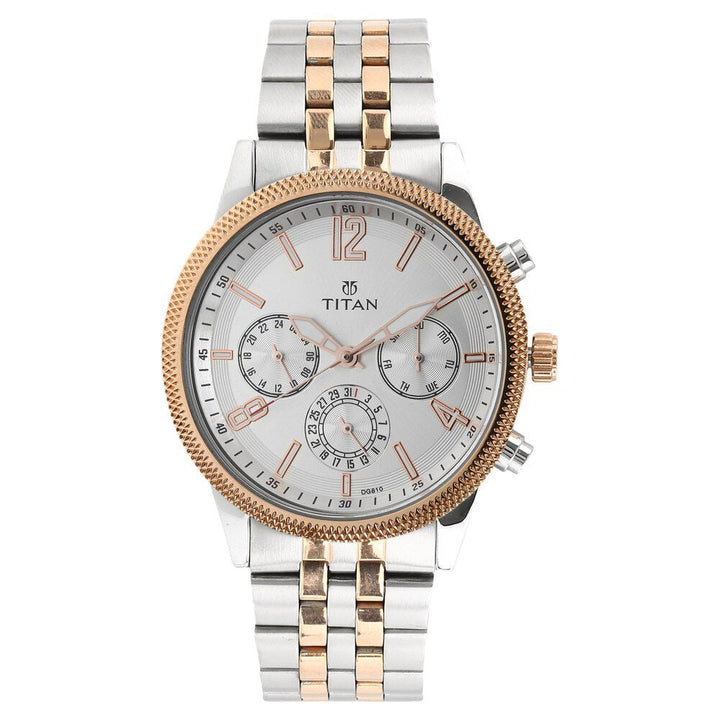 Titan Men's Metropolitan Luxe: Multifunction White Dial with Two - Tone Stainless Steel Bracelet Watch - The Watch Factory ®