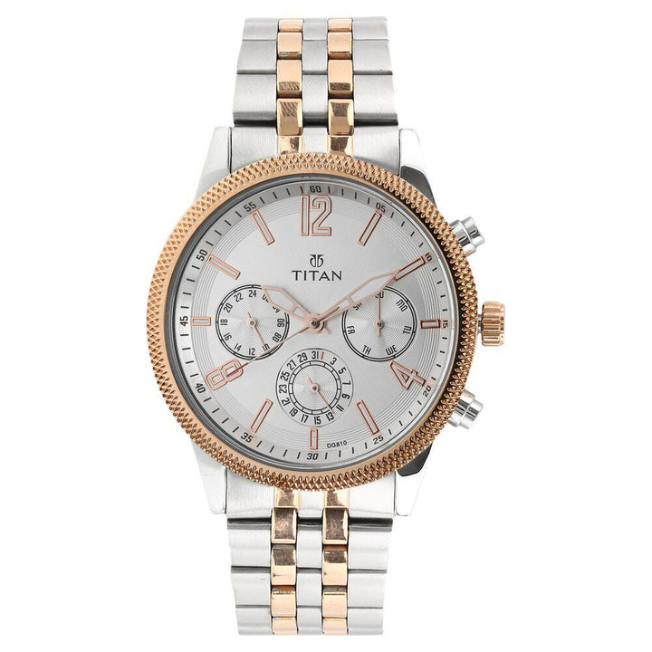 Titan Men's Metropolitan Luxe: Multifunction White Dial with Two-Tone Stainless Steel Bracelet Watch NS1734KM02