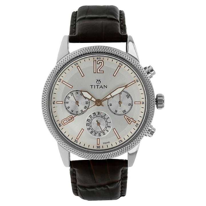 Titan Quartz Multifunction Silver Dial Leather Strap Watch for Men-NN1734SL01
