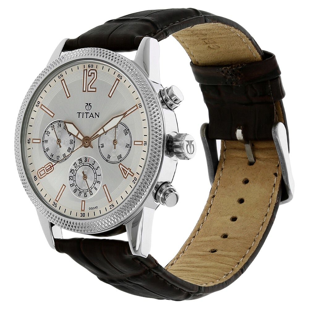 Titan Quartz Multifunction Silver Dial Leather Strap Watch for Men-NN1734SL01