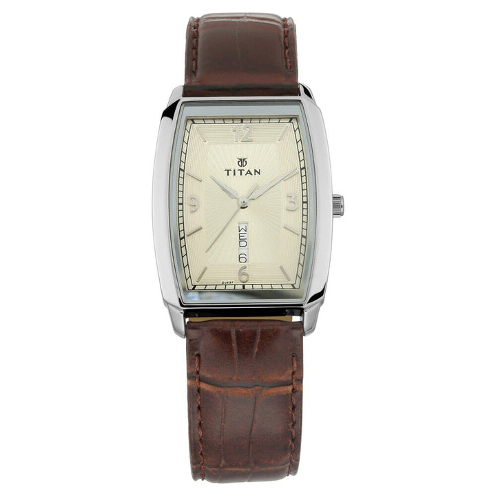 Titan Quartz Analog with Day and Date Champagne Dial Leather Strap Watch for Men-NM1737SL02