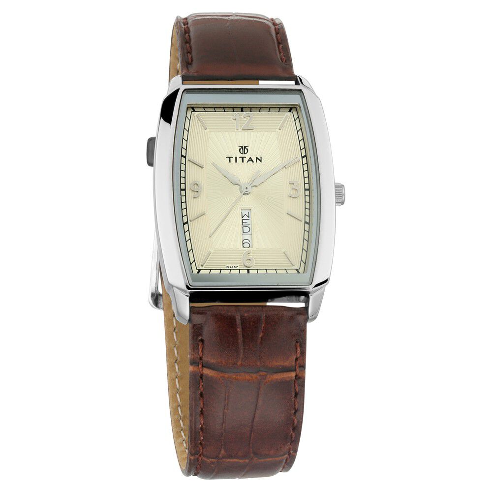 Titan Quartz Analog with Day and Date Champagne Dial Leather Strap Watch for Men-NM1737SL02