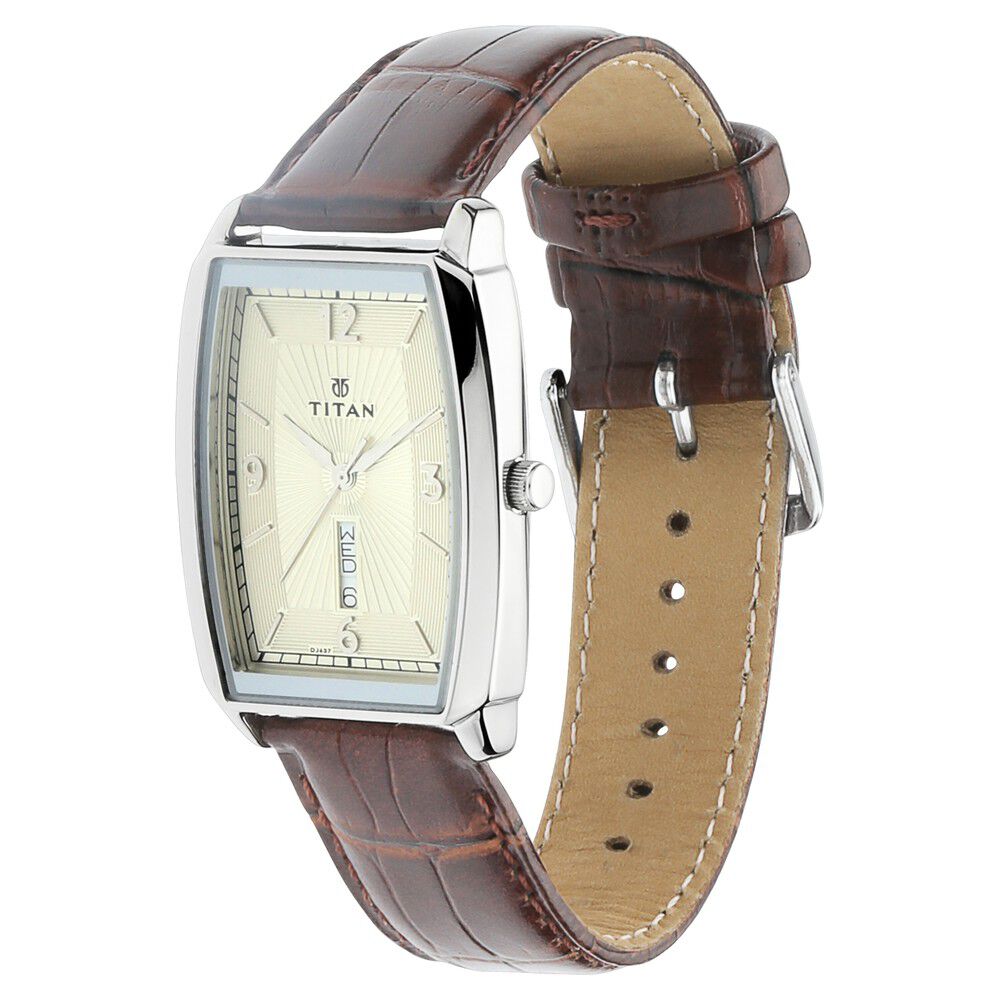 Titan Quartz Analog with Day and Date Champagne Dial Leather Strap Watch for Men-NM1737SL02
