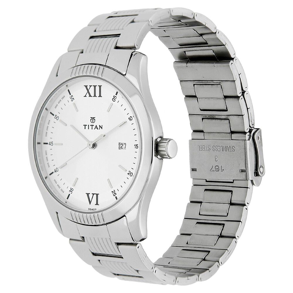 Titan Quartz Analog White Dial Stainless Steel Strap Watch for Men-NK1739SM01