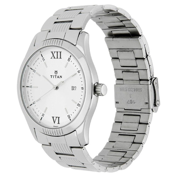 Titan Quartz Analog White Dial Stainless Steel Strap Watch for Men-NK1739SM01