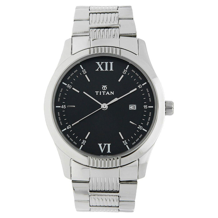 Titan Quartz Analog Black Dial Stainless Steel Strap Watch for Men-NK1739SM02