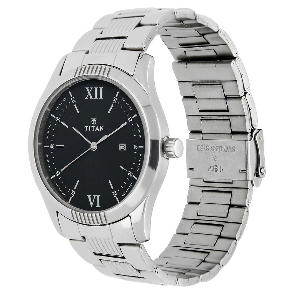 Titan Quartz Analog Black Dial Stainless Steel Strap Watch for Men-NK1739SM02