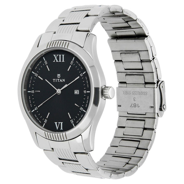 Titan Quartz Analog Black Dial Stainless Steel Strap Watch for Men-NK1739SM02