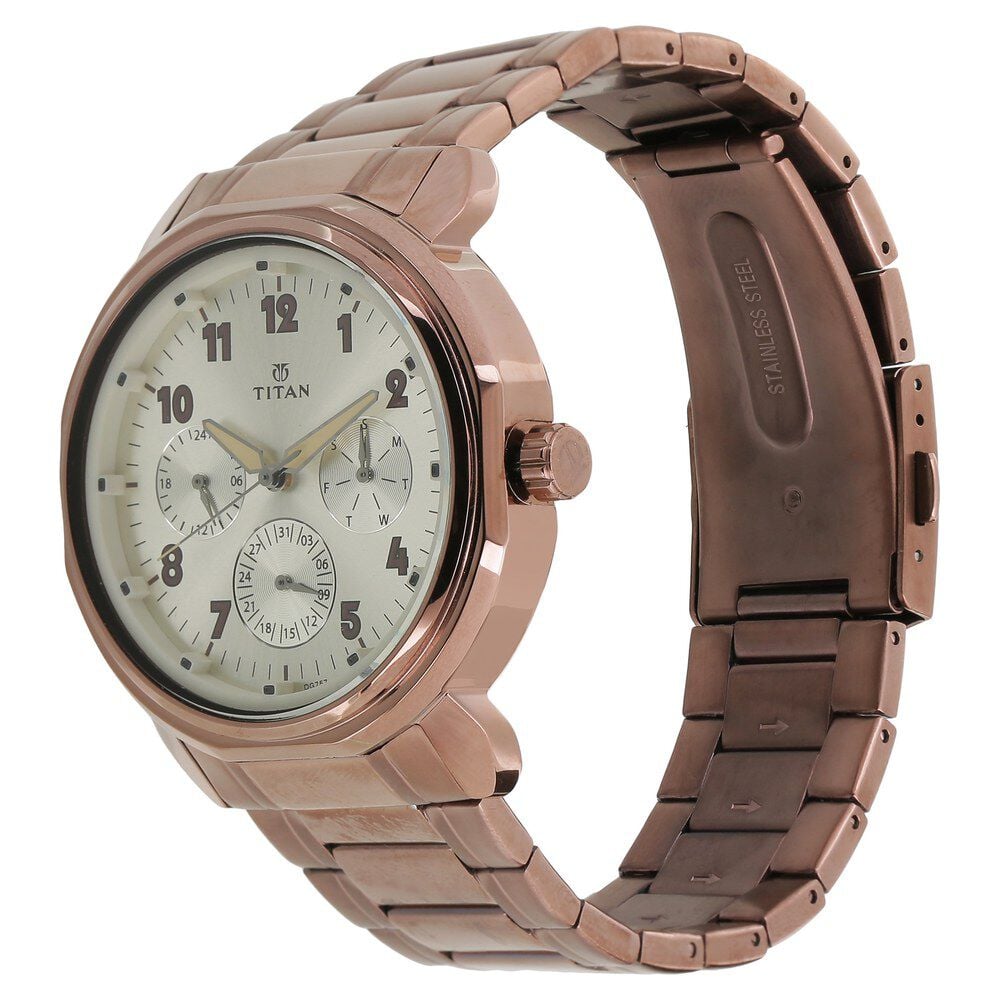 Titan Quartz Multifunction Beige Dial Stainless Steel Strap watch for Men-NM1753QM02