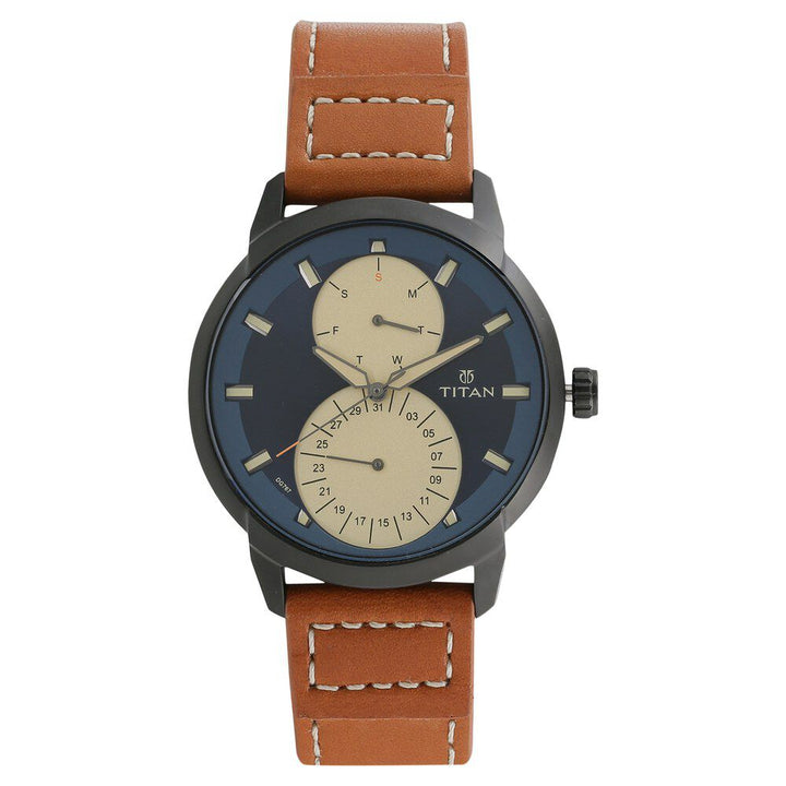 Titan Quartz Multifunction Blue Dial Leather Strap Watch for Men-NS1756NL01