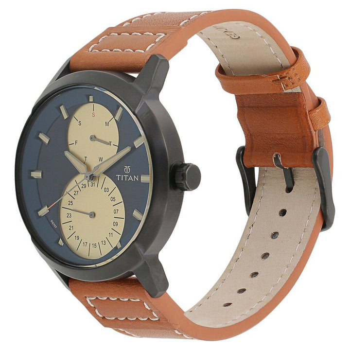 Titan Quartz Multifunction Blue Dial Leather Strap Watch for Men-NS1756NL01