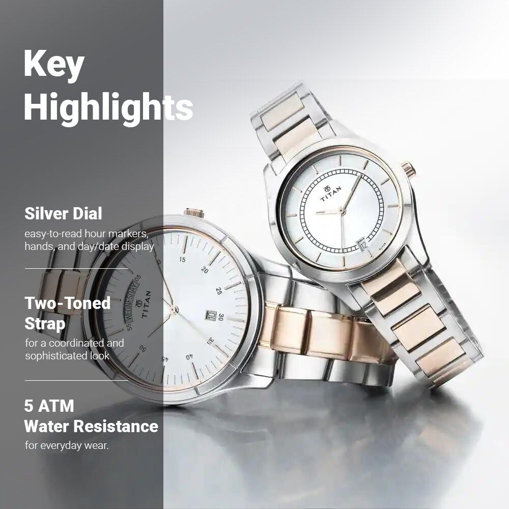 Titan Bandhan Quartz Analog with Day and Date Silver Dial Stainless Steel Strap Watch for Couple - The Watch Factory ®