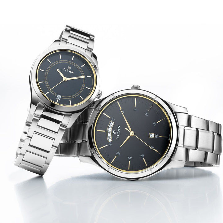 Titan Bandhan Blue Dial Analog with Day and Date Stainless Steel Strap watch for Couple - The Watch Factory ®