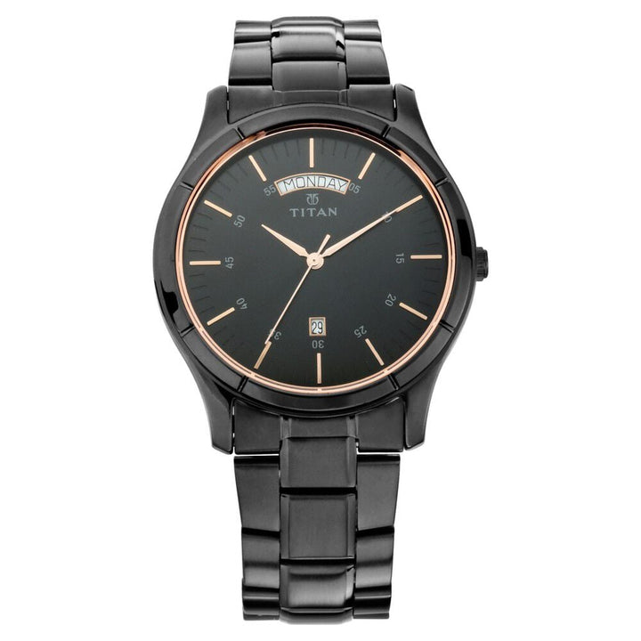 Titan Quartz Analog with Day and Date Black Dial Black Stainless Steel Strap Watch For Men-NT1767NM01