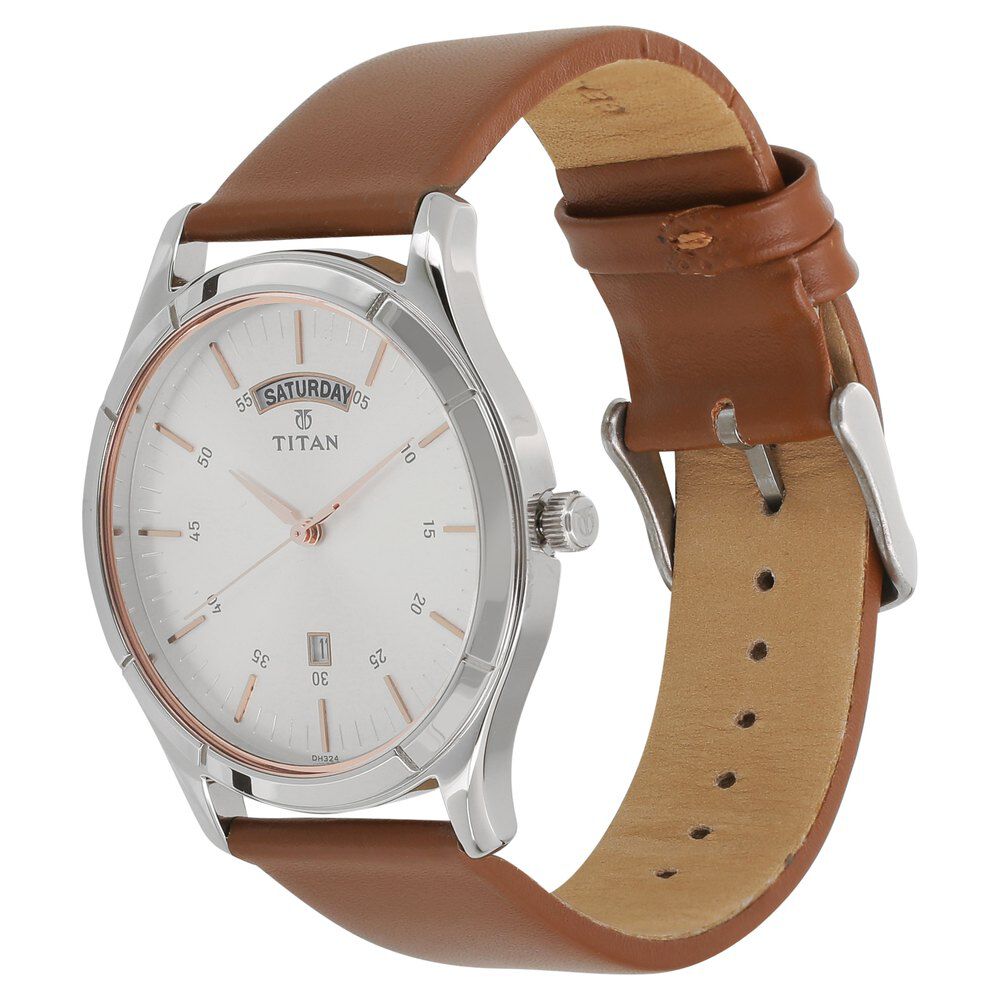 Titan On Trend White Dial Analog with Day and Date Leather Strap watch for Men NR1767SL01
