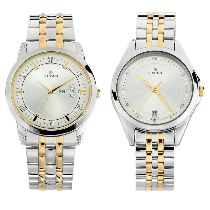 Titan Bandhan Quartz Analog with Day and Date Silver Dial Stainless Steel Strap Watch for Couple - The Watch Factory ®